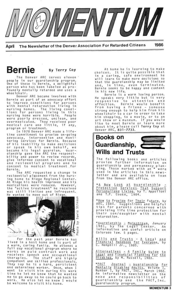 The ARC of Denver's Momentum Newsletter from April, 1986.
