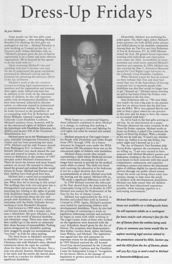 AdvocacyDenver newsletter article announcing that Michael Breeskin has joined the AdvocacyDenver staff.