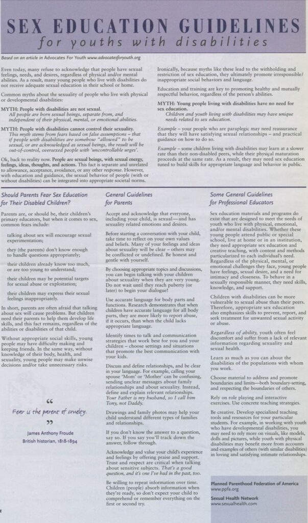 An article about Sex Education Guidelines for Youths with Disabilities from AdvocacyDenver's print newsletter, The Voice.