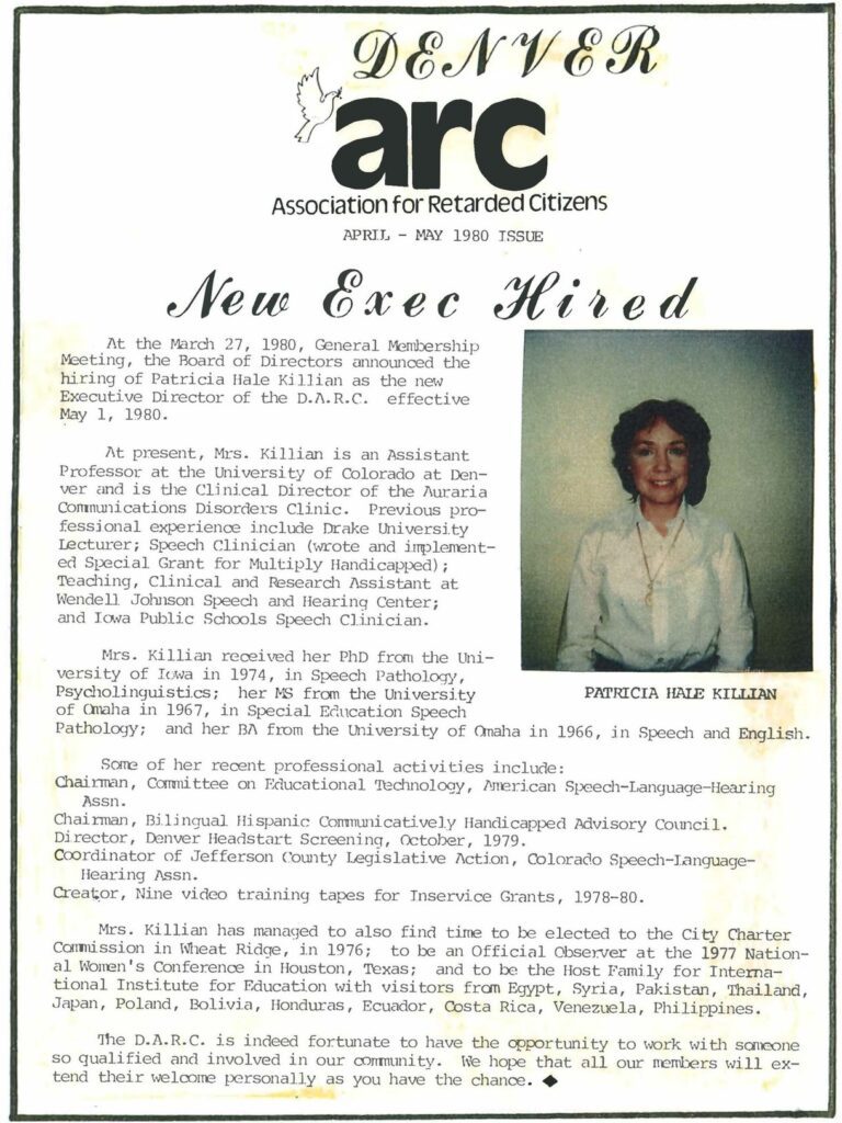 Announcement of the hiring of Patricia Hale Killian as Executive Director in 1980